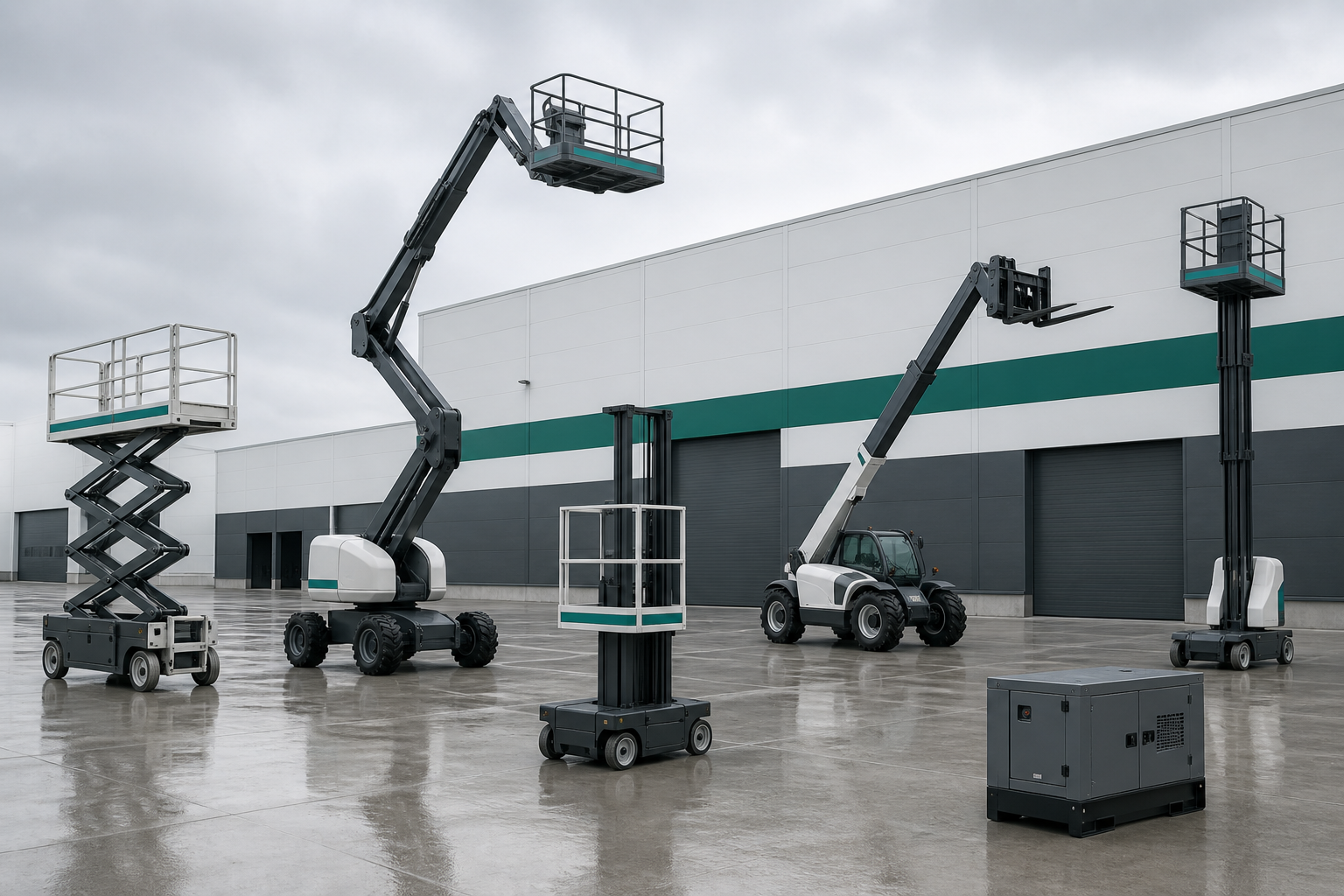 Scissor lifts, telehandler, generator and props