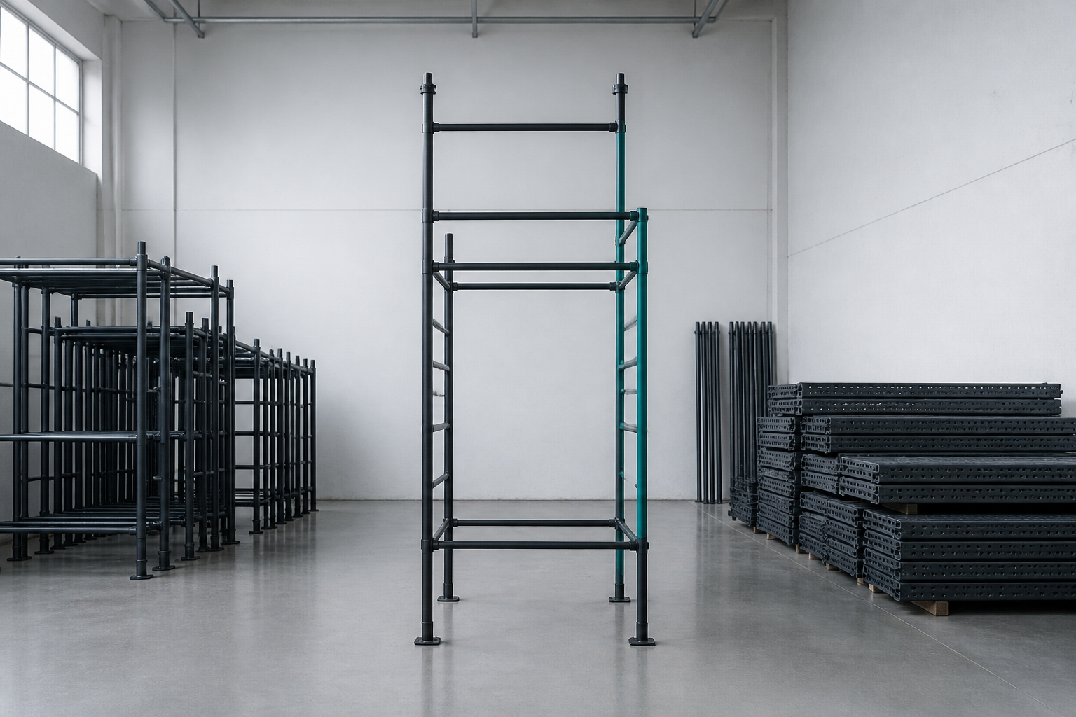 Silver scaffold in a white warehouse
